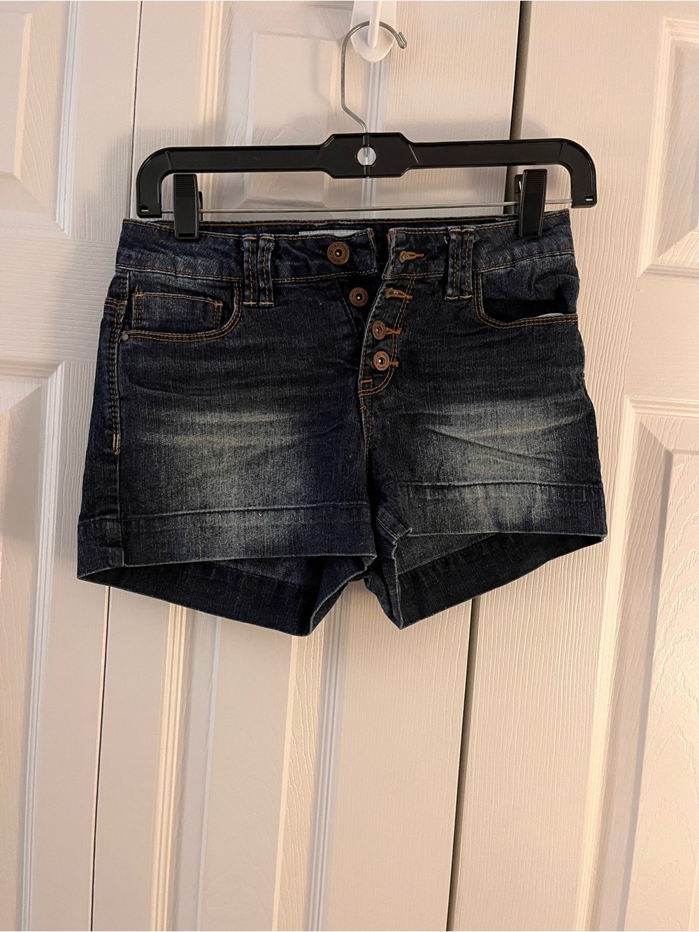 lei Dark Blue Distressed High-Rise Button-Front Jean Shorts